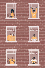 People at the window in brown house. Black  people. Neighbors. Stay at home concept. Vector illustration