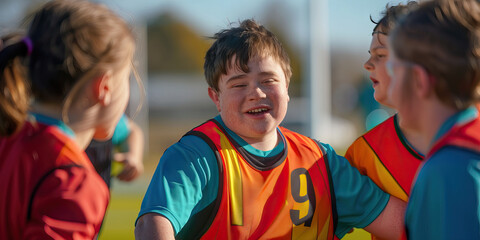 Sportsmanship: Boy with Down Syndrome Coaching a Youth Soccer Team. Learning Disability.