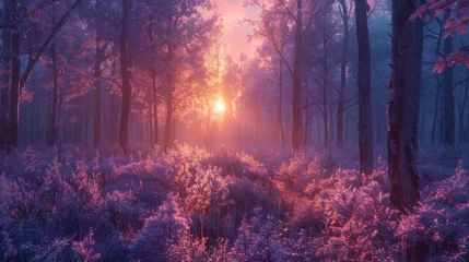 Photo sur Plexiglas Aubergine sunset on the forest with vaporwave tone color, suitable for wallpaper, poster. Generative AI