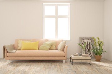 White living room with sofa. Scandinavian interior design. 3D illustration
