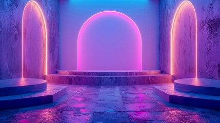 Minimalist Stage: Neon Glow in Light Purple & White, Ceramic Geometric Shapes, Linear Minimalism in Blue & Gold