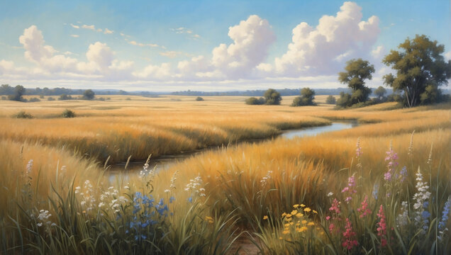 Prairie landscape featuring tall grasses and native flowers in an oil painting.