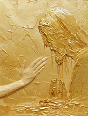 Hand Reaching for Jesus in Gold Foil Painting