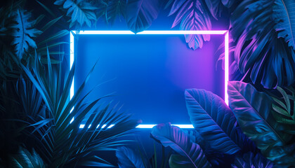 Blue and pink neon glowing rectangular frame hovering at jungle, empty copy space in middle. Generative AI