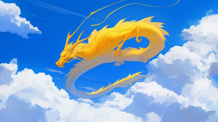 Dragão amarelo voando no céu azul - Ilustração - obrazy, fototapety, plakaty