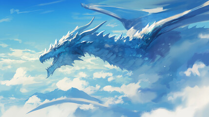 Dragão azul voando no céu azul - Ilustração - obrazy, fototapety, plakaty