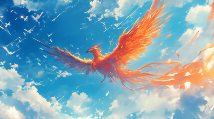 Fénix de fogo voando no céu azul - Ilustração  - obrazy, fototapety, plakaty