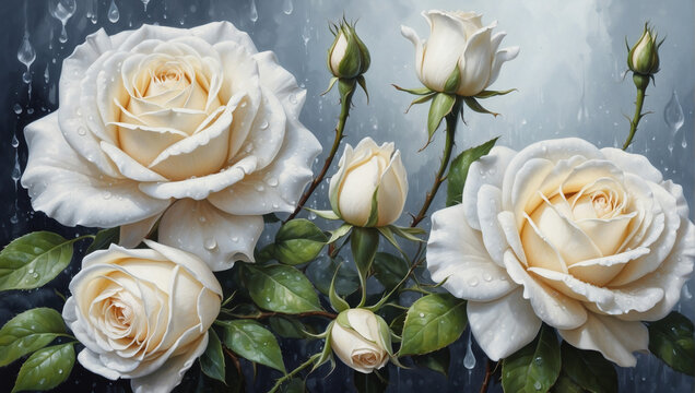 Realistic acrylic painting of White roses, with dewdrops and intricate details, using a fine brush.