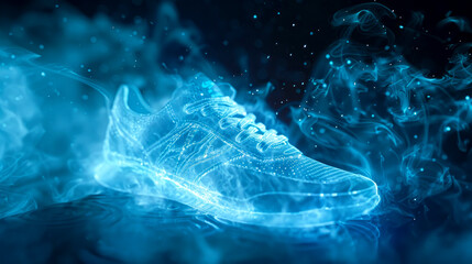 Glowing Translucent Sneaker Dissolution: Particle Cinematic Visualization in Cyan and Sky Blue Brilliance