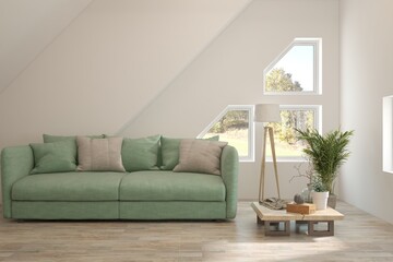 White living room with sofa. Scandinavian interior design. 3D illustration