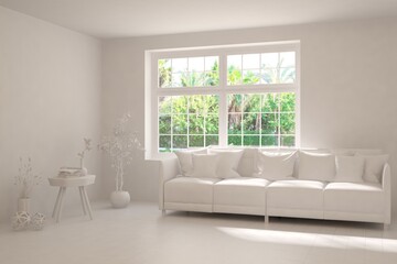 Grey living room concept with sofa and summer landscape in window. Scandinavian interior design. 3D illustration