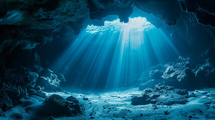 Sunlight filtering through an underwater cave with marine life. - obrazy, fototapety, plakaty