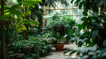 Fototapeta na wymiar Winter garden with green plants.