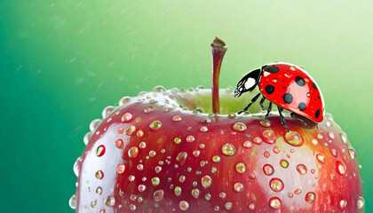 Czerwona biedronka w czarne kropki, czerwone jabłko, krople wody, miejsce na tekst, tapeta, ilustracja, wzór do projektu