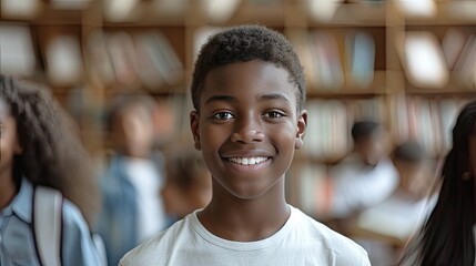 Portrait of african american schoolboy leaning on desk with classmates in background. Happy young kid sitting and leaning chin on stacked books. Portrait of elementary pupil looking at camera. - obrazy, fototapety, plakaty