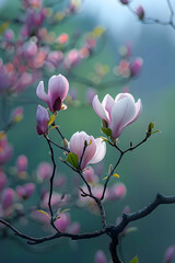 Blossoming pink pastel flowers of magnolia, branches, buds, petals, stems growing in spring park or botanical garden, beautiful colorful floral background, freshness and tenderness of springtime