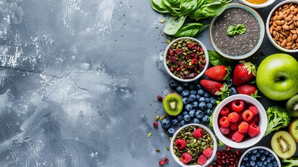 Healthy food clean eating selection: fruit, vegetable, seeds, superfood, cereal, leaf vegetable on gray concrete background. National Eat Your Vegetables Day. International Fruit Day. copy space
