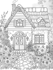 line drawing high detailed pencil drawing house in the forest