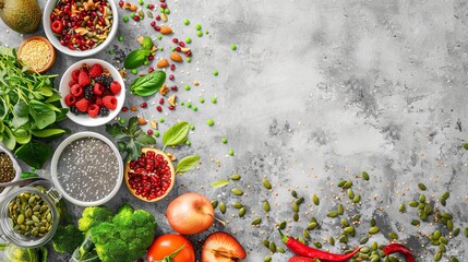 Healthy food clean eating selection: fruit, vegetable, seeds, superfood, cereal, leaf vegetable on gray concrete background. National Eat Your Vegetables Day. International Fruit Day. copy space
