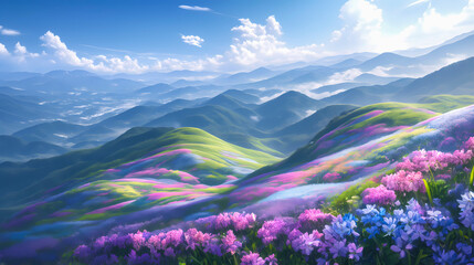 Obraz premium Beautiful spring landscape with pink flowers and blue sky. 3d rendering