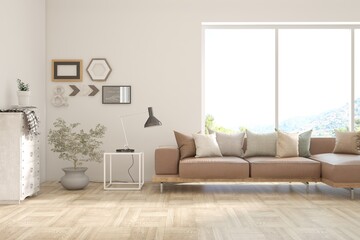 White living room with green sofa. Scandinavian interior design. 3D illustration - obrazy, fototapety, plakaty