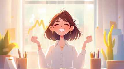 Portrait of happy businesswoman in office with arms raised. Success concept