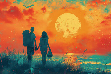Young couple hitchhiking during summer holidays. They are looking at the seaview at golden hour. - obrazy, fototapety, plakaty