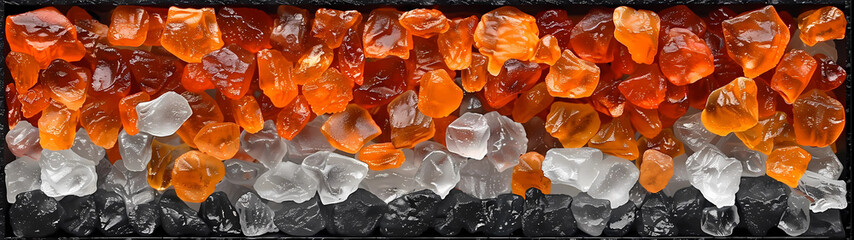 An arrangement of orange, white, and black glass stones forms a striking and dynamic composition, creating a visual tapestry that stretches across the breadth of the ultra-wide scene