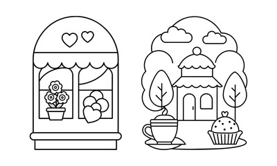 Cute hand drawn bakery shop coloring pages