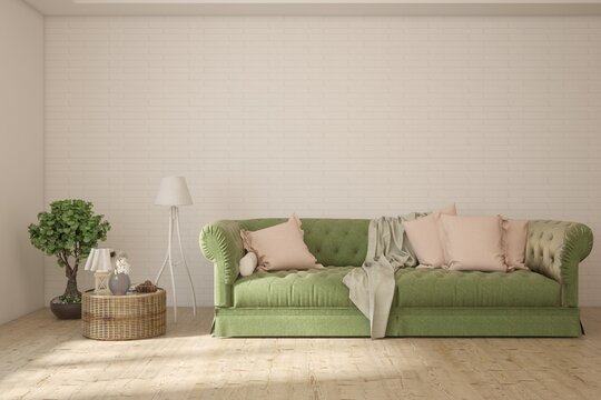 White living room with green sofa. Scandinavian interior design. 3D illustration