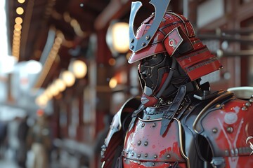 robot samurai standing proudly at eye-level, combining the elegance of ancient samurai traditions with state-of-the-art robotic features Ensure meticulous attention to te