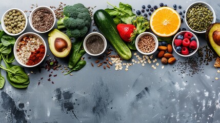 Healthy food clean eating selection: fruit, vegetable, seeds, superfood, cereal, leaf vegetable on gray concrete background. National Eat Your Vegetables Day. International Fruit Day. copy space