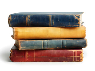 A stack of old books with brown, blue, and red covers.