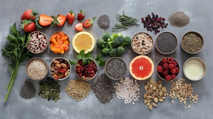 Fototapeta na wymiar Healthy food clean eating selection: fruit, vegetable, seeds, superfood, cereal, leaf vegetable on gray concrete background. National Eat Your Vegetables Day. International Fruit Day. copy space