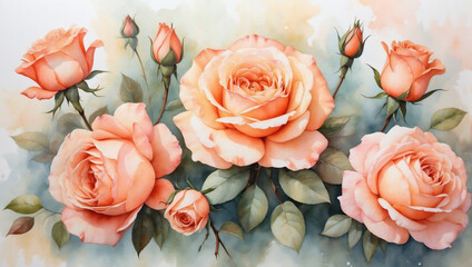 Romantic roses set against a watercolor wash of peach and coral, capturing the essence of love and romance.