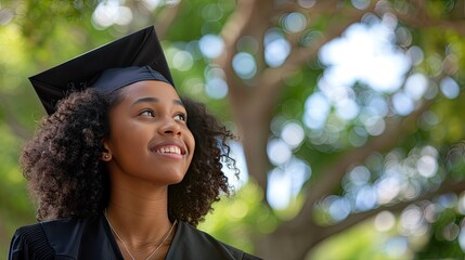 Triumphant milestone! Black college grad in cap and gown. Inspiring achievement captured. Celebrate success.