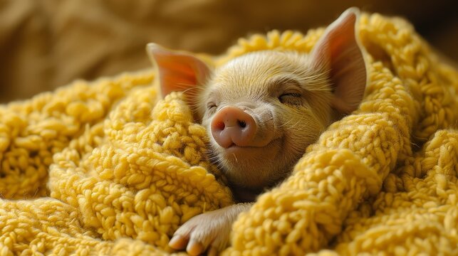   A small pig on a couch is covered by a blanket; mustard-hued blankets lie beneath it