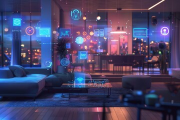 an entire smart home, with various devices connected to the network and glowing digital symbols representing different living spaces within it
 - obrazy, fototapety, plakaty