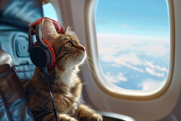 A cat wearing headphones flies on a plane on vacation. 