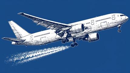A white airplane is flying through the sky with a trail of smoke behind it. Concept of motion and power, as the airplane soars through the air. The smoke trail adds a dynamic element to the scene