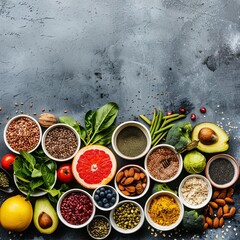 Healthy food clean eating selection: fruit, vegetable, seeds, superfood, cereal, leaf vegetable on gray concrete background. National Eat Your Vegetables Day. International Fruit Day. copy space