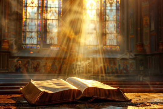 An open Bible on the altar table with bright rays of light. Generate AI image