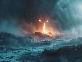 A fiery cross rises above a desolate landscape of snow and rocks. The sky is dark and stormy, with...