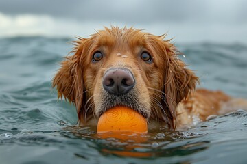 A dog floats on the water with a ball