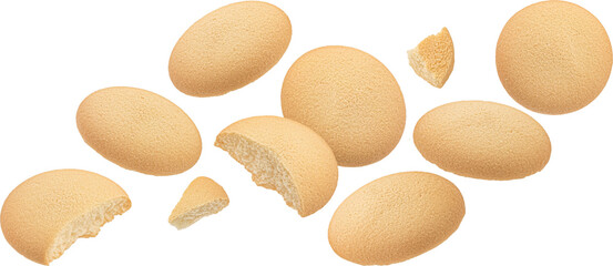Falling sponge cakes, butter cookies isolated on white background
