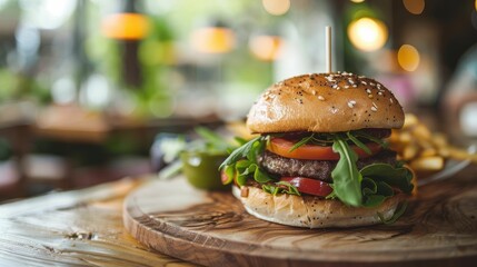 An appetizing classic burger with a sesame seed bun, served on a wooden plate in a cozy cafe setting, accompanied by fries.