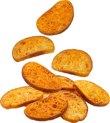 Baked crackers, bread croutons isolated on white background
