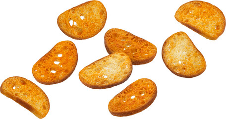 Baked crackers, round bread croutons isolated