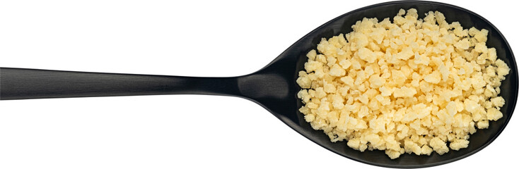 Grated parmesan cheese in spoon isolated on white background