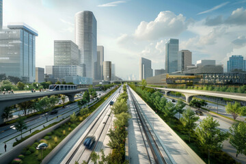 Fototapeta na wymiar Futuristic Cityscape with Modern Transportation and Skyscrapers